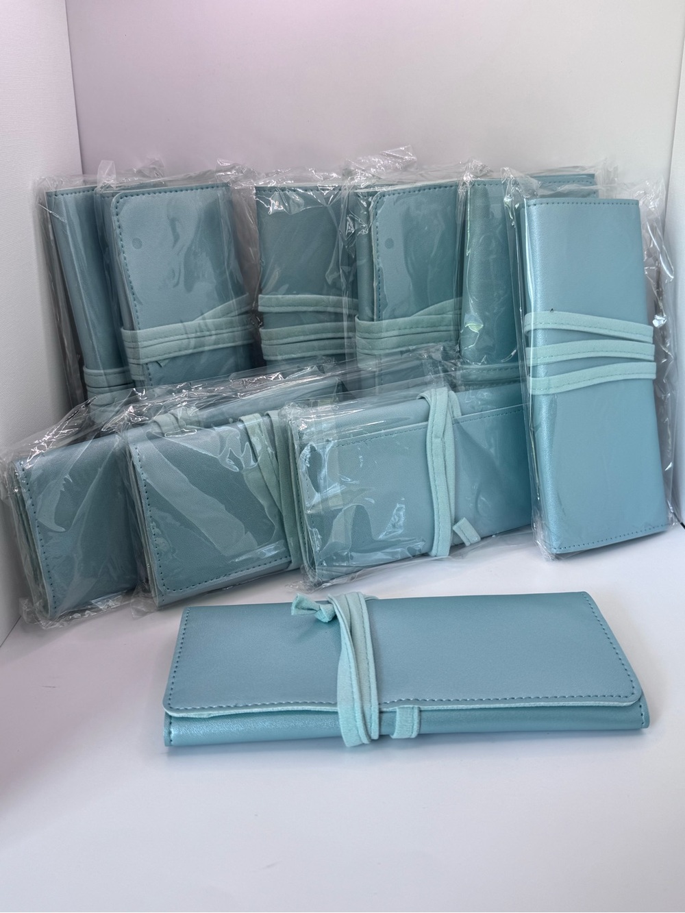 Jewelry roll 10  piece set Premium Light green  Faux Leather Travel Jewelry roll
